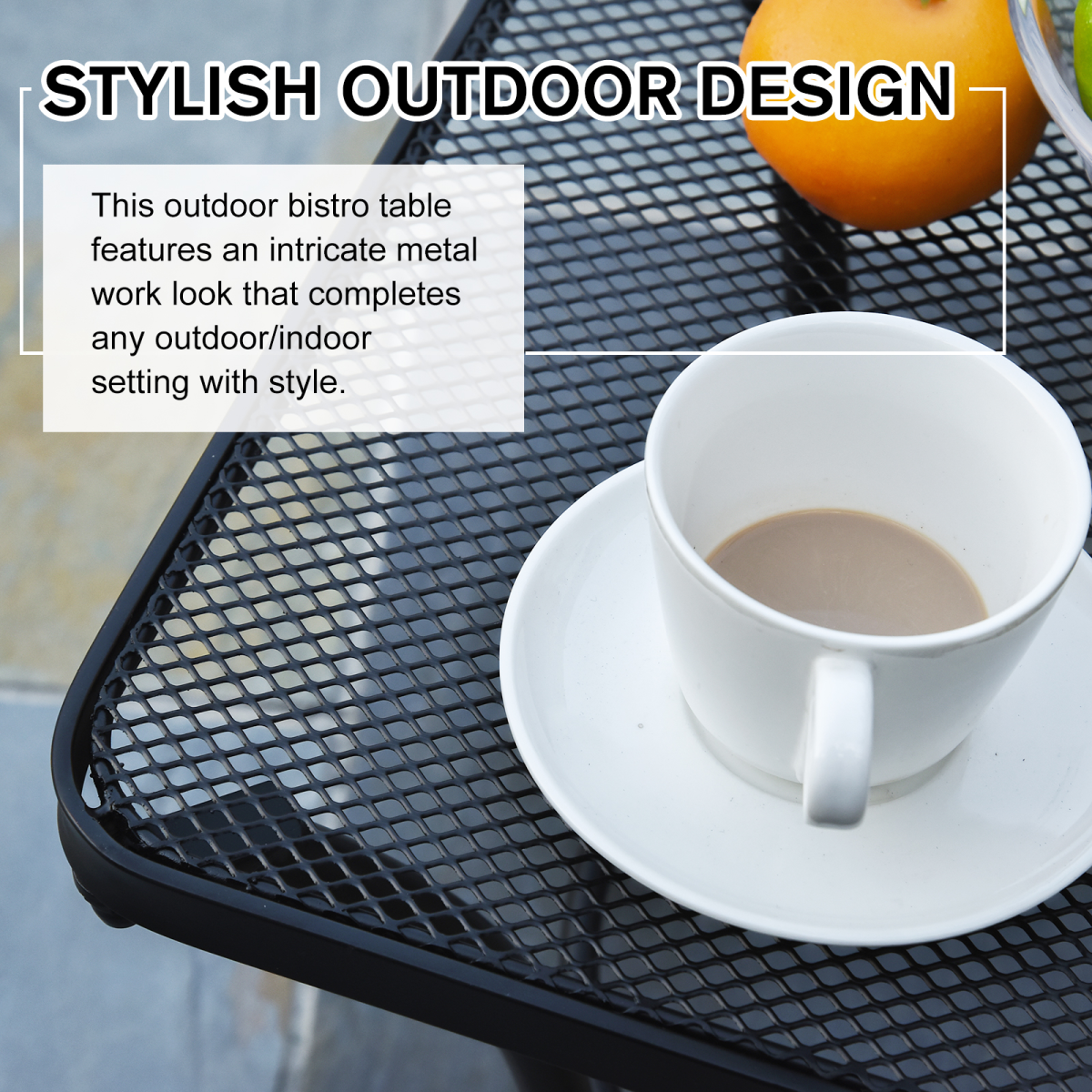 Outsunny 45cm Square Metal Bistro Table with Mesh Top & Curved Legs – Outdoor Patio Coffee Table, Black