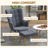 HOMCOM Button-Tufted Armchair & Footstool Set with Gold-Tone Steel Legs – Living Room Seating, Dark Grey