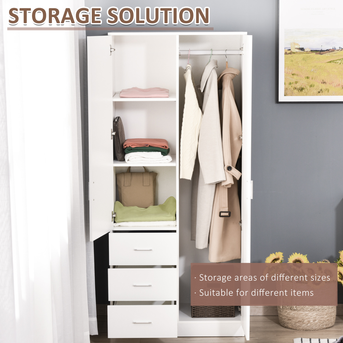 2-Door Wardrobe with Hanging Rail, 3 Shelves & 3 Drawers – 180cm Bedroom Storage, White