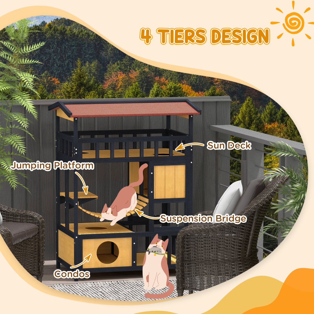 PawHut Outdoor Wooden Cat House with Suspension Bridge, Two Lounges and Sun Decks – Weather-Resistant Shelter, Yellow, Black and Red