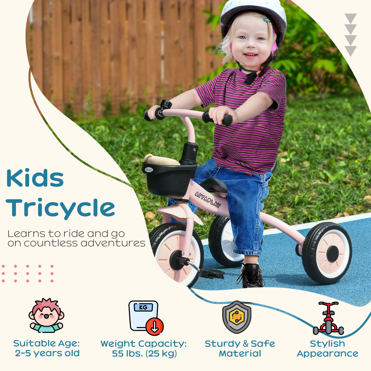 AIYAPLAY Kids Tricycle with Adjustable Seat, Basket and Bell – Toddler Trike for Ages 2-5, Pink