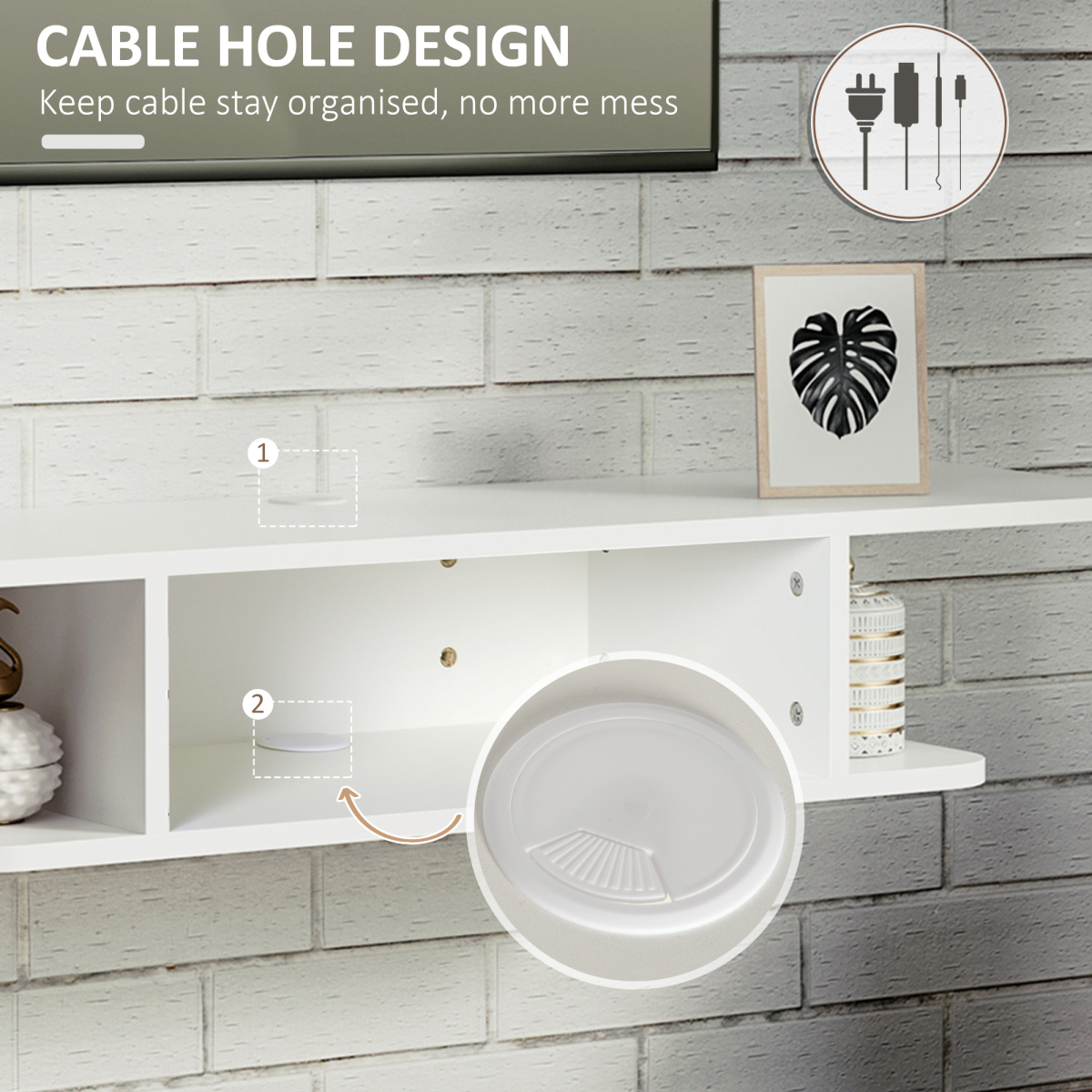 Floating Wall-Mounted TV Unit with Storage Shelves and Cable Management – Media Console, White