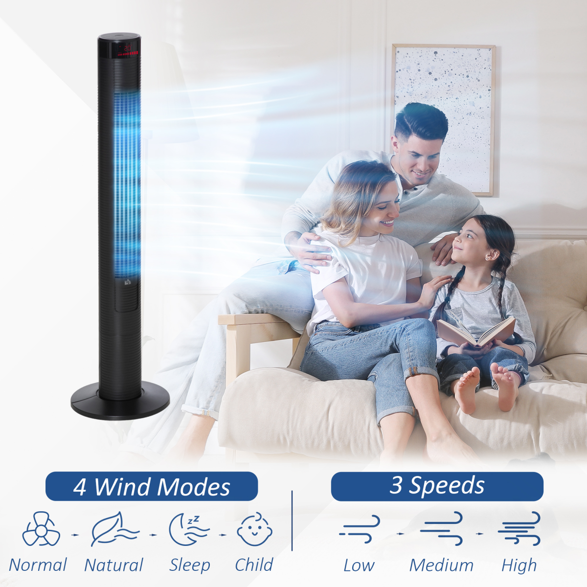 HOMCOM Oscillating Tower Fan with 3 Speeds & Remote Control – Slim Cooling, Black