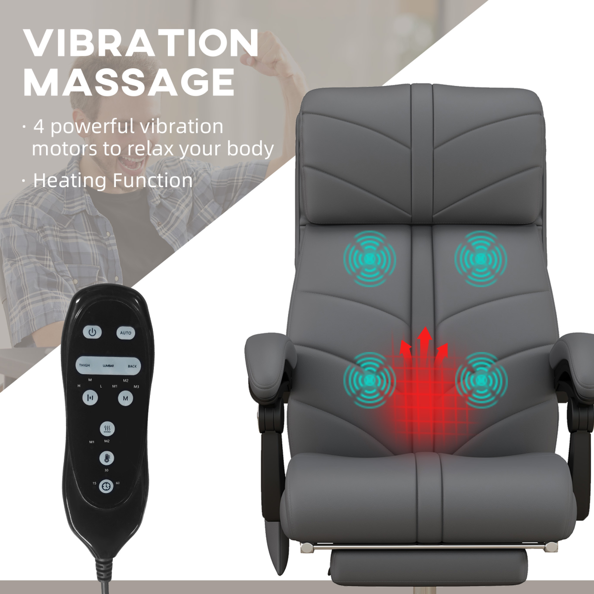Vinsetto Heated Massage Office Chair with 4-Point Vibration, Footrest & Remote – Grey PU Leather