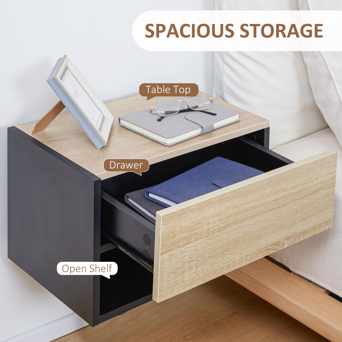 HOMCOM Floating Bedside Tables Set of 2 with Drawer and Open Shelf – Modern Nightstands, Oak and Black