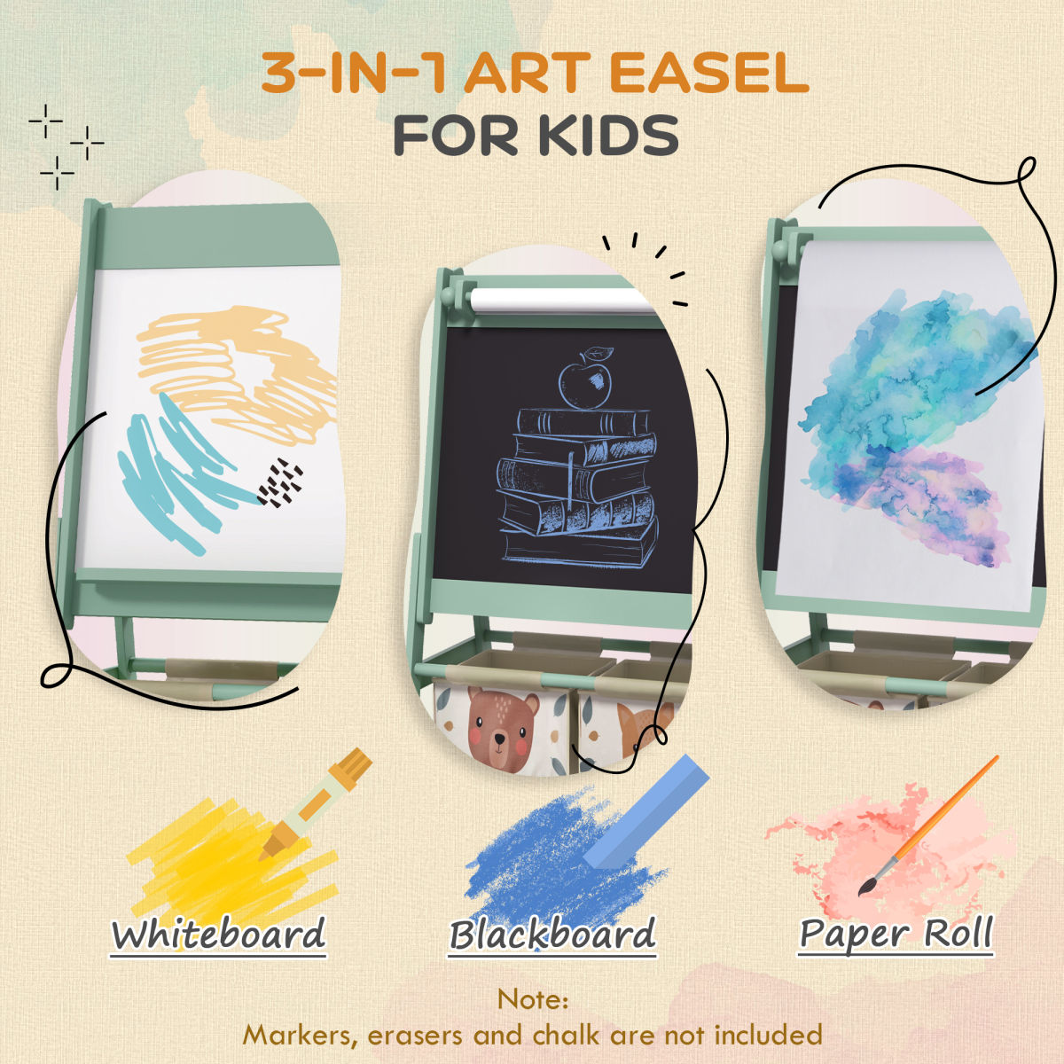 AIYAPLAY Kids Easel with Paper Roll, Blackboard, Whiteboard and Storage Baskets – 3-in-1 Art Easel, Green