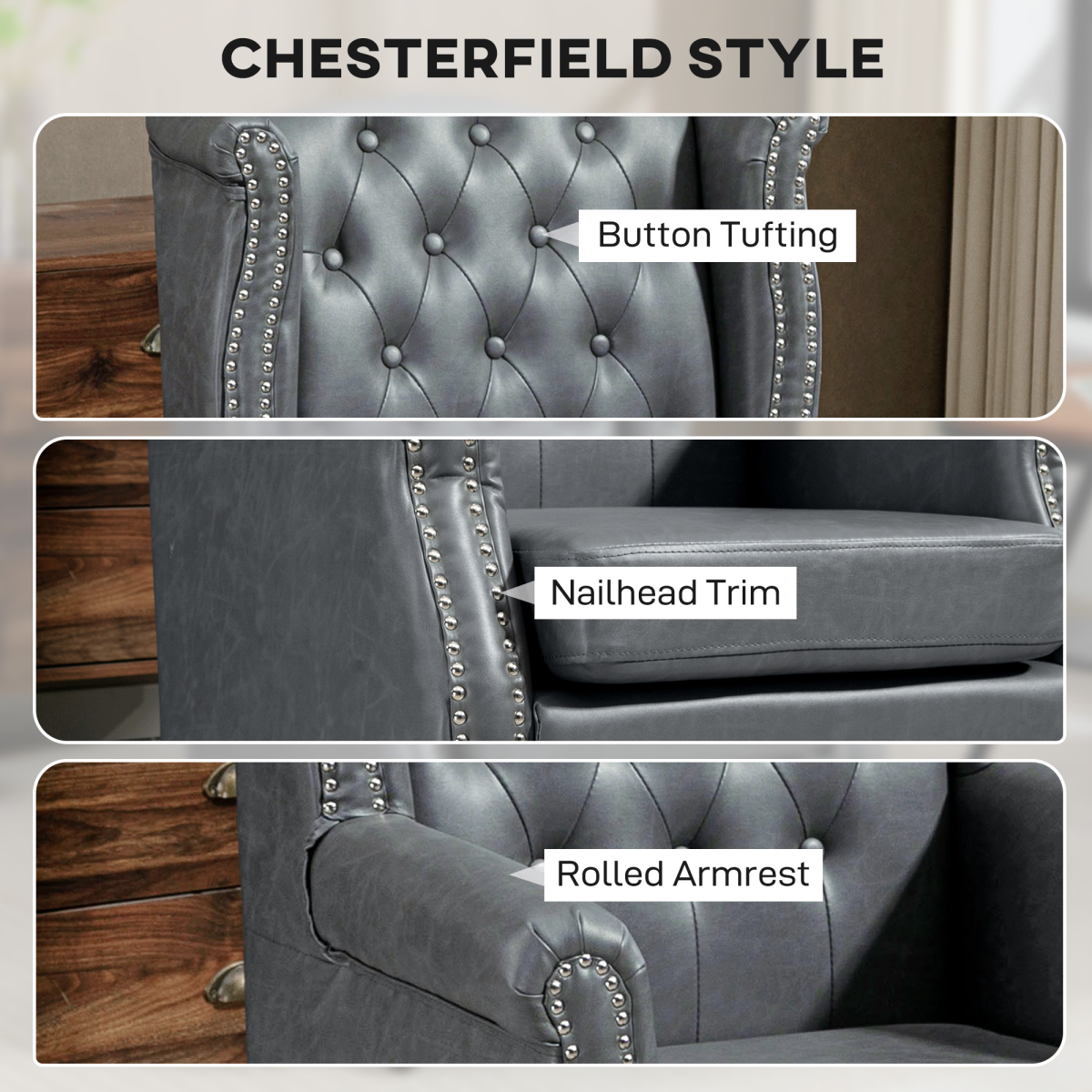 HOMCOM Chesterfield-Style Wingback Armchair with Tufted Faux Leather Upholstery & Eucalyptus Wood Frame – Grey