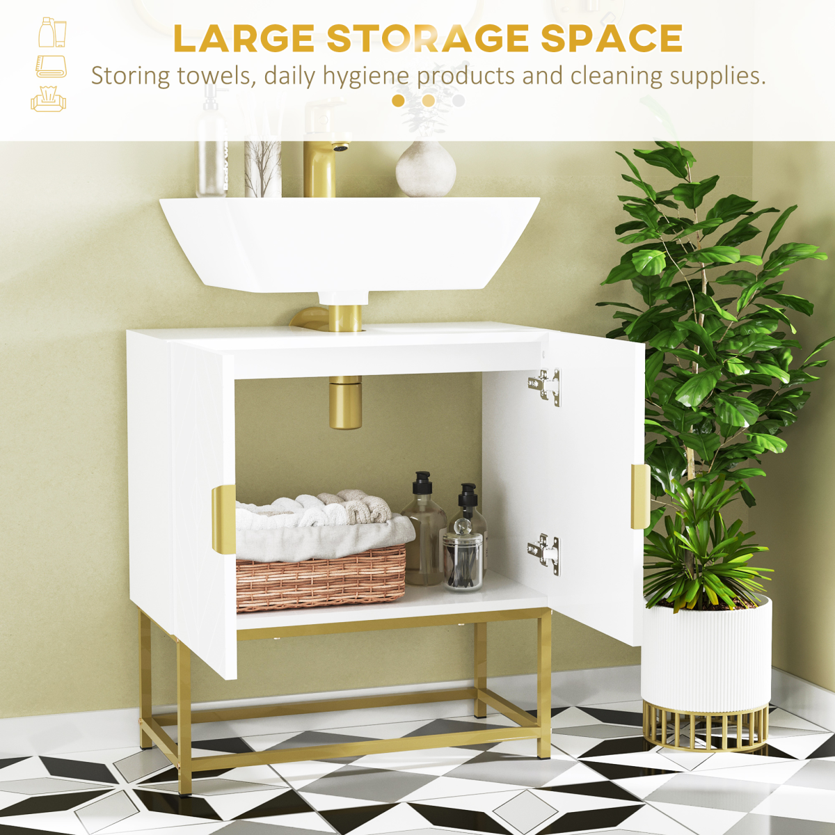 kleankin Under Sink Bathroom Cabinet with Double Doors & U-Shaped Cut-Out – Storage, White & Gold