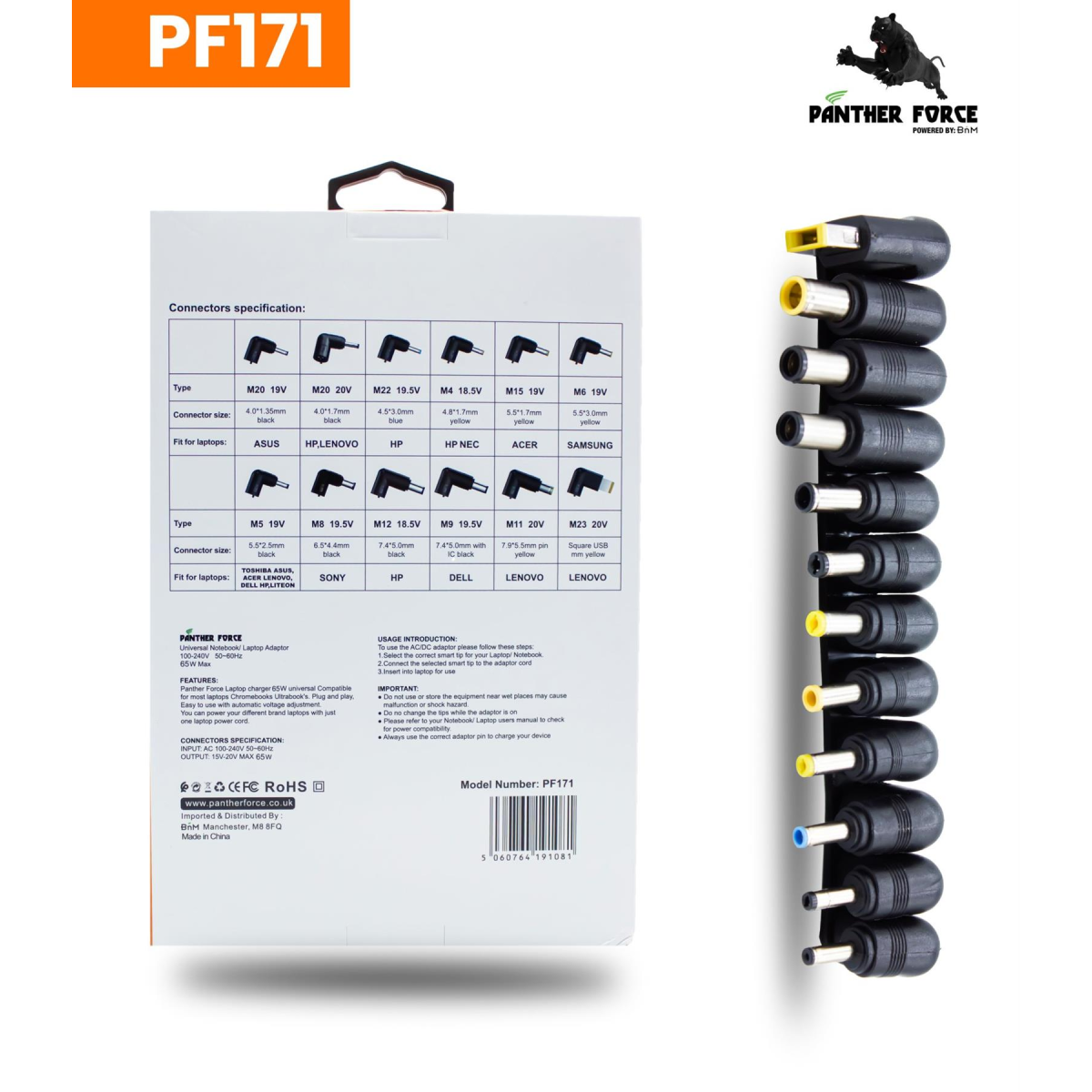 Panther Force 65W Universal Laptop Charger with Smart Tips – Plug and Play, Automatic Voltage Adjustment