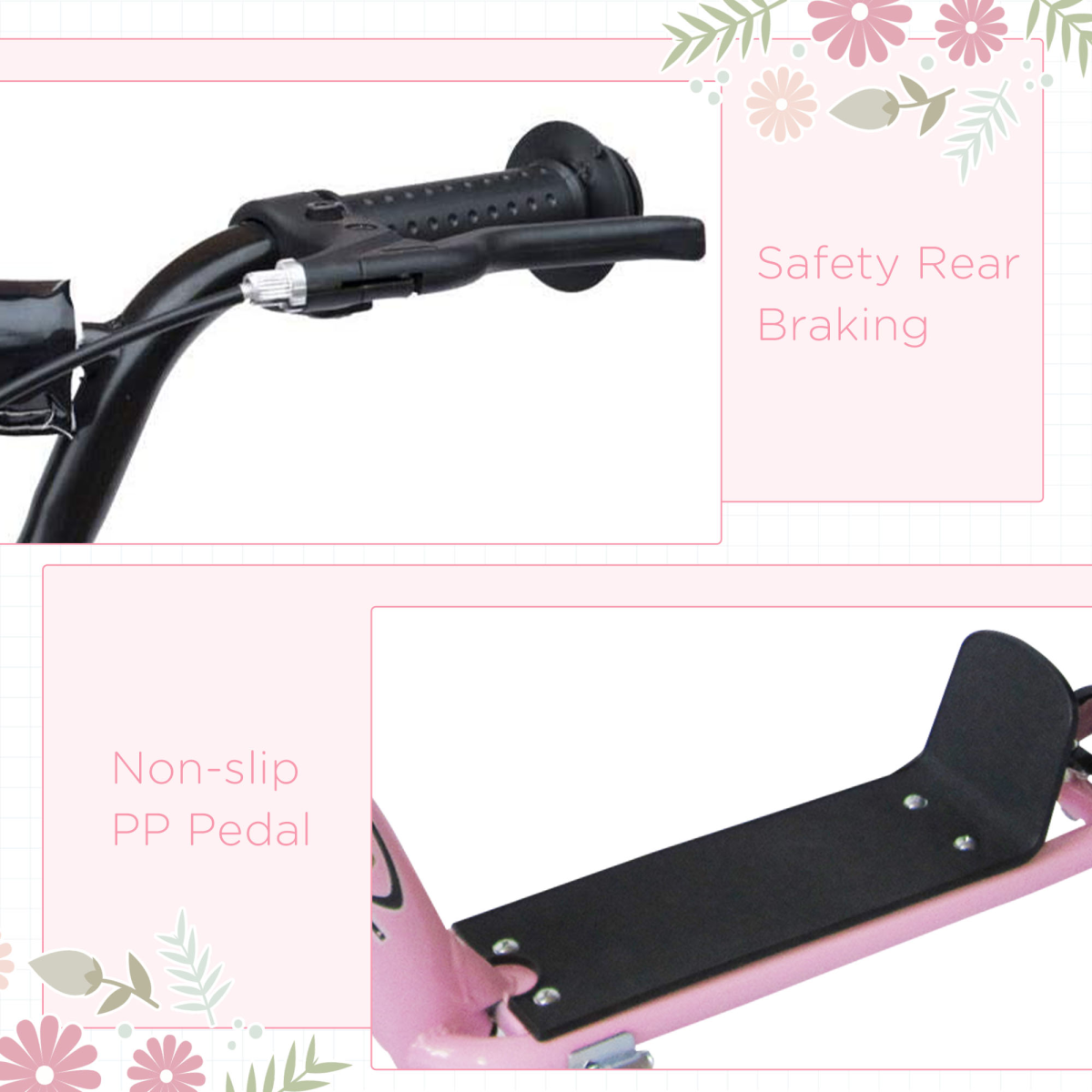 Kids Scooter with Adjustable Handlebars, Rear Brake and Non-Slip Footplate – Steel Frame Ride-On, Pink