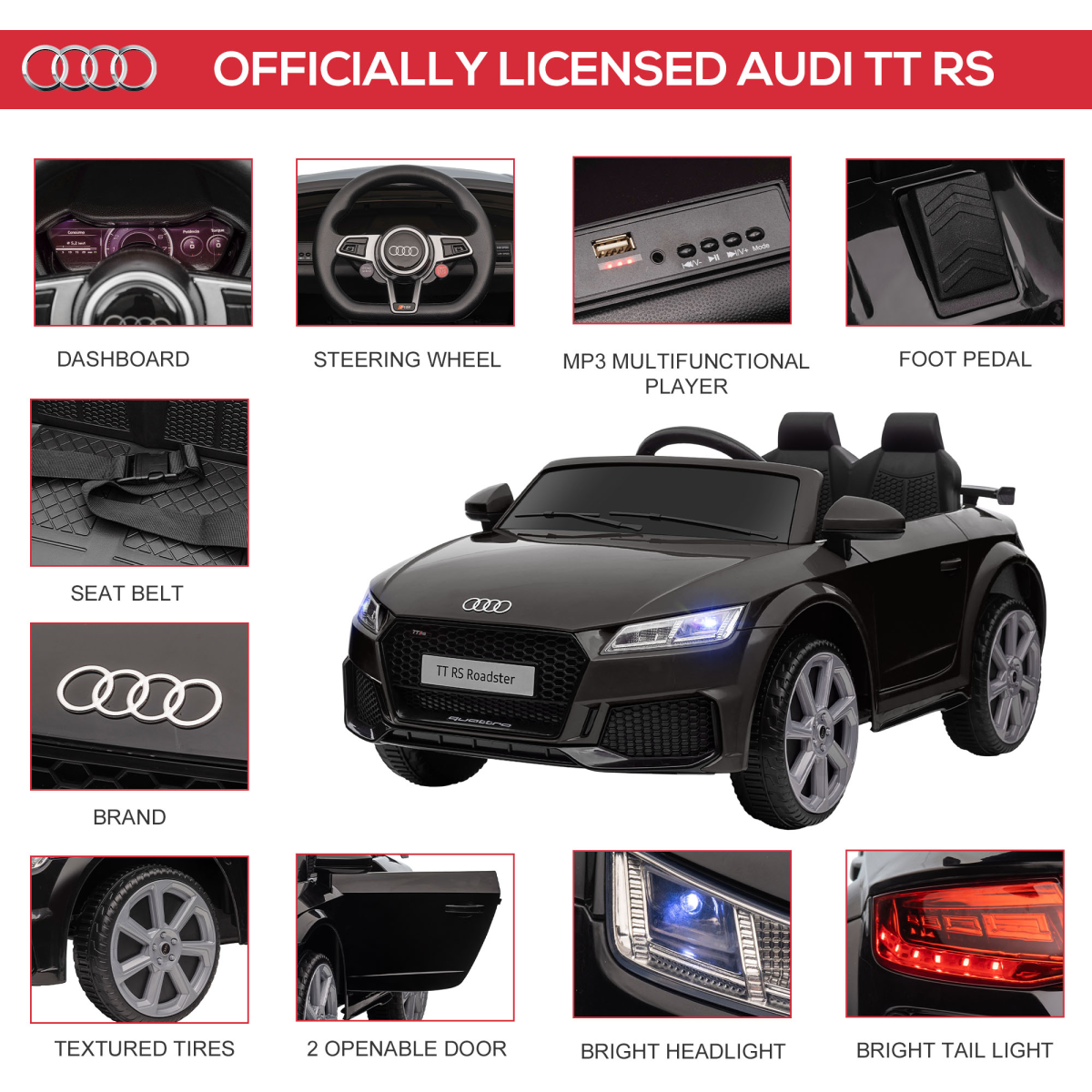 HOMCOM 12V Licensed Audi TT RS Electric Ride-On Car with Remote Control, Headlights & MP3 Player – Kids Car, Black