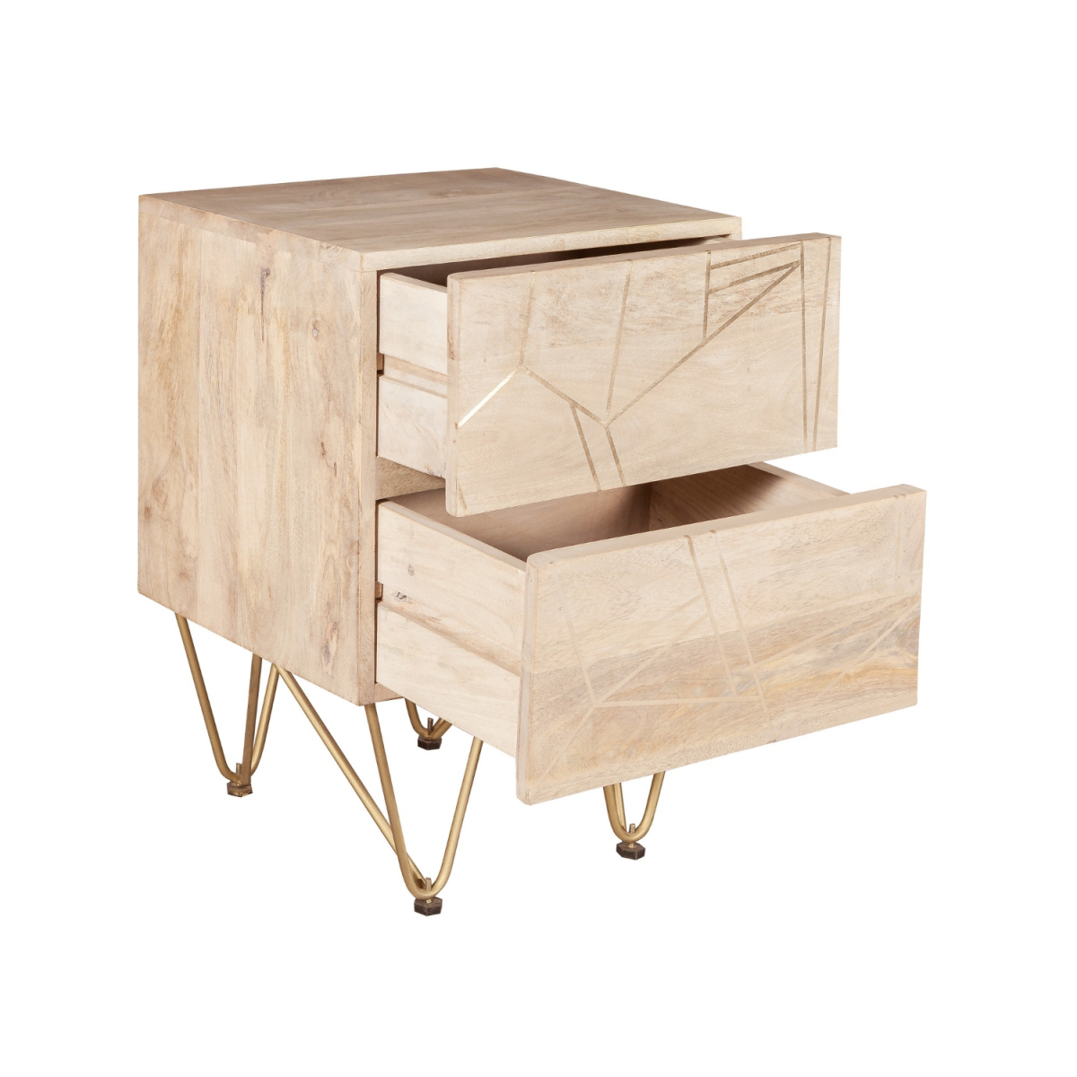 Light Gold Metal Inlay 2-Drawer Side Table in Solid Wood – Retro Angled Legs, Lamp & Bedside Table