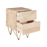 Light Gold Metal Inlay 2-Drawer Side Table in Solid Wood – Retro Angled Legs, Lamp & Bedside Table