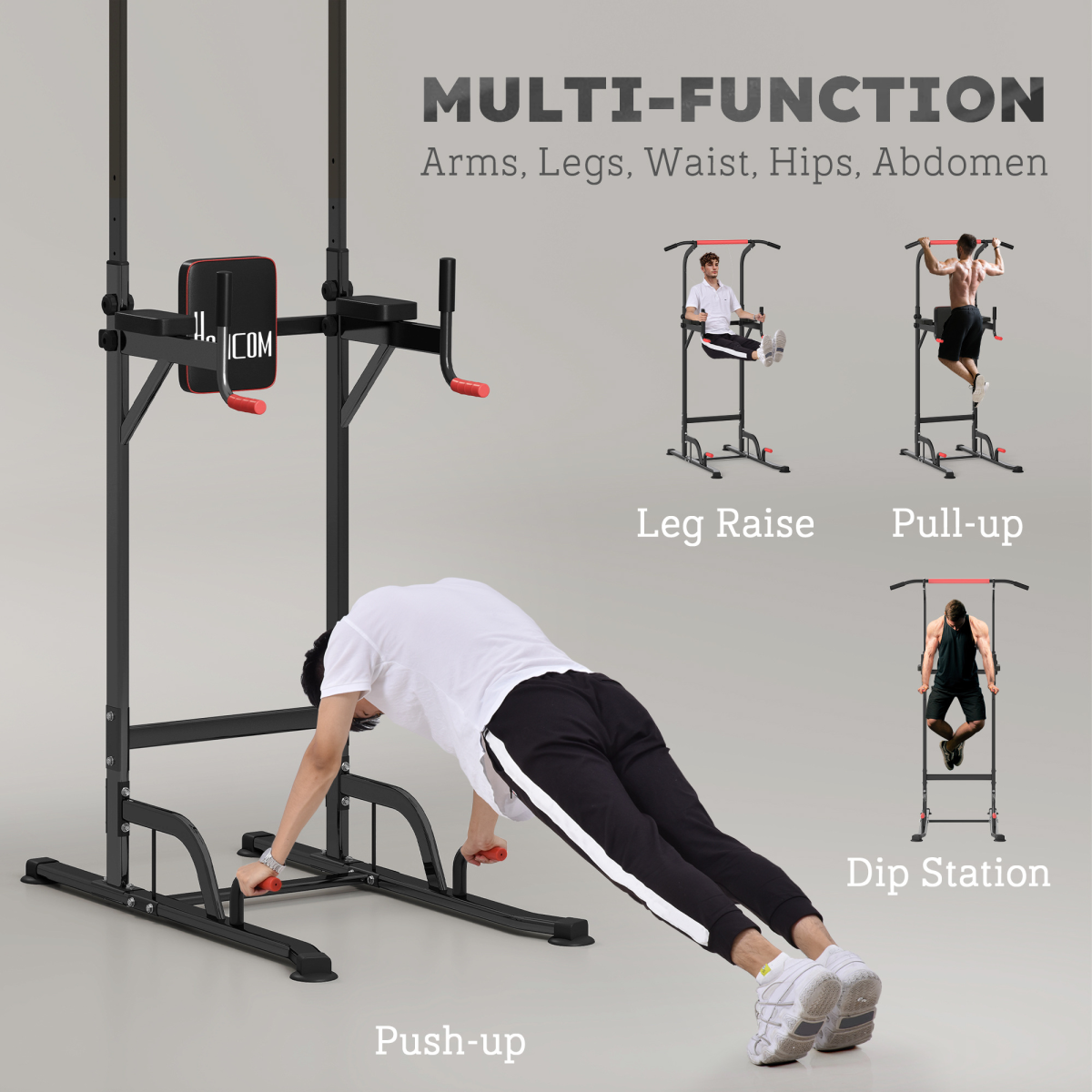 HOMCOM Power Tower Station with Pull Up Bar & Dip Station – 7 Height Levels, Home Gym Upper Body Workout