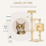 Pawhut 114cm Four-Tier Cat Tree with Sisal Posts, Condo and Dangling Toys – Indoor Activity Centre, Beige