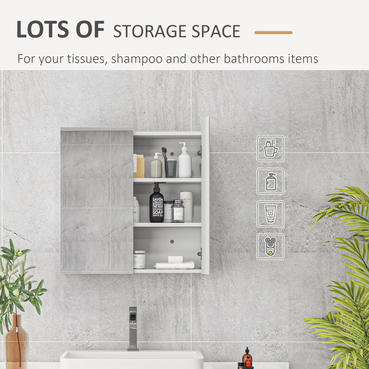 kleankin Wall Mounted Mirrored Bathroom Cabinet with Soft Close Doors – Space-Saving Storage, White