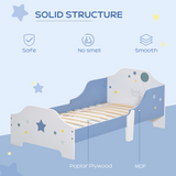 HOMCOM Kids Star & Balloon Toddler Bed with Guardrails & Slats – Blue and White, Ages 3-6