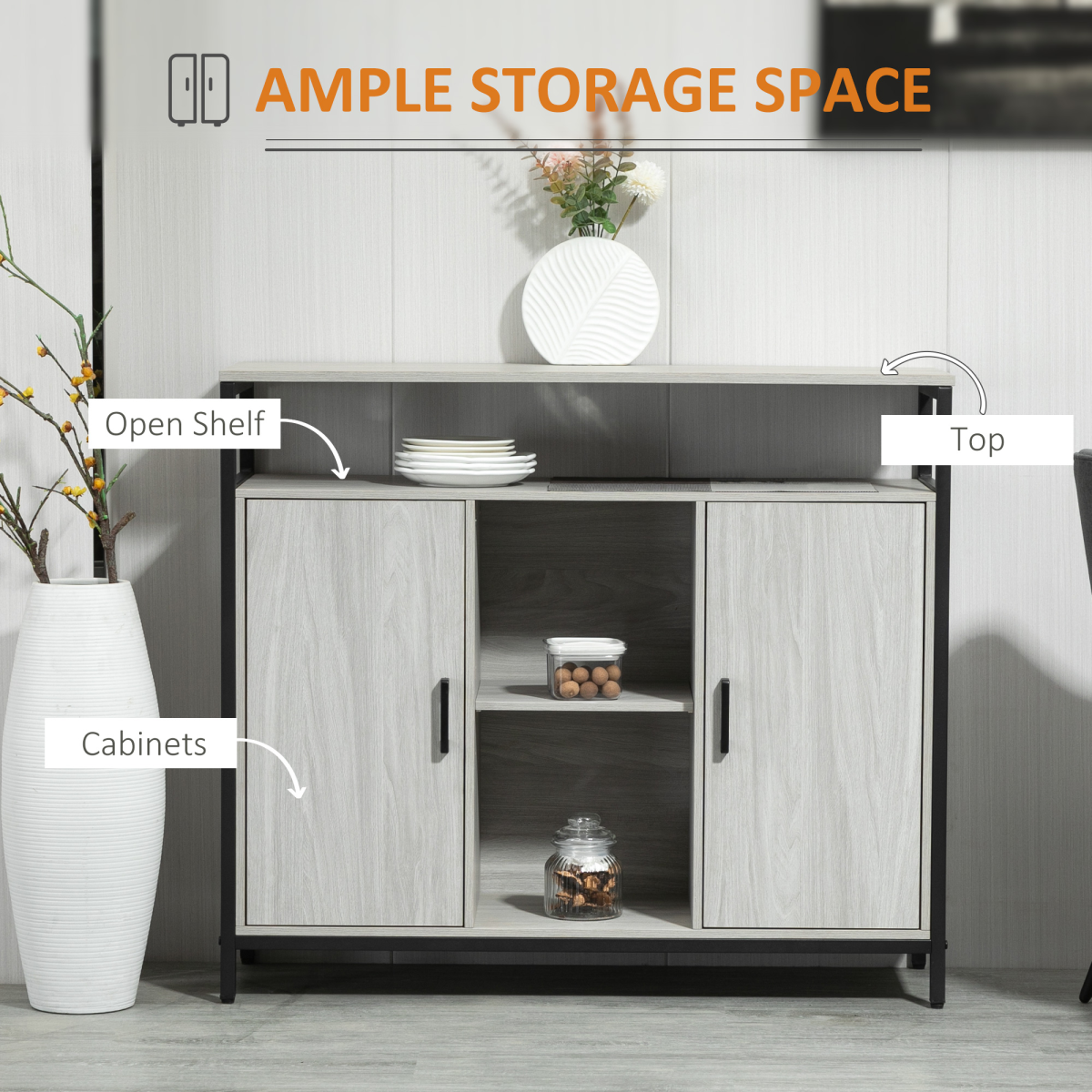 HOMCOM Sideboard with Steel Frame, 2 Doors and Adjustable Shelves – Hallway Storage Cabinet, Light Grey