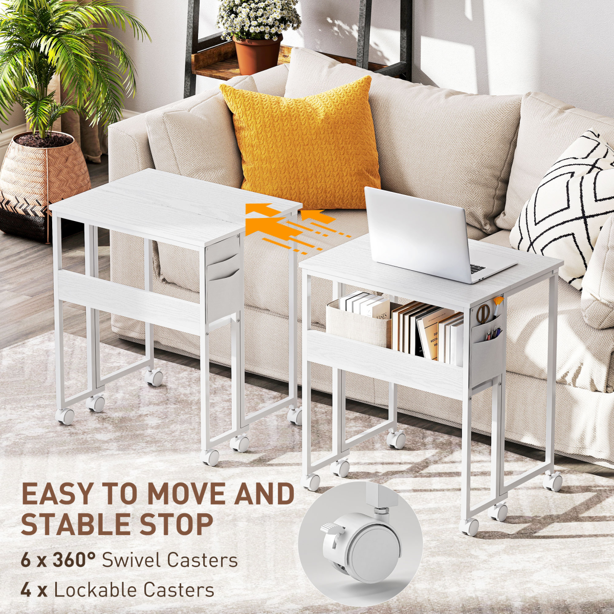 Folding Drop Leaf Writing Desk with Lower Shelf & Storage Bag – Mobile Desk on Wheels, Natural Wood Finish & White