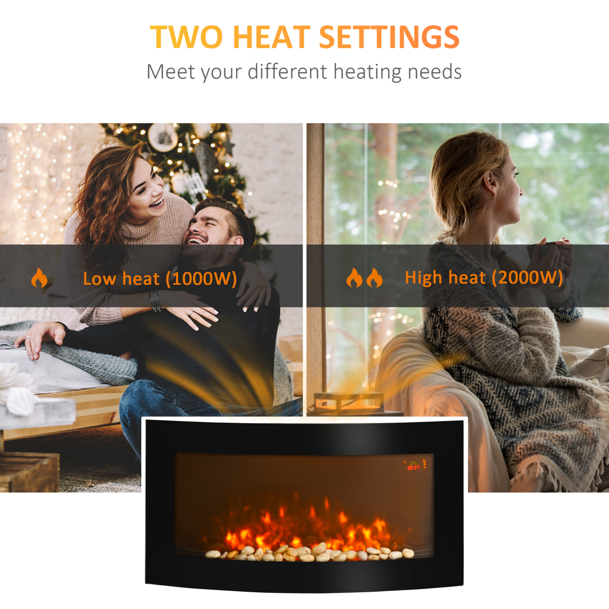 HOMCOM Wall Mounted Curved LED Electric Fireplace Heater with 7 Flame Colours & Side Lights