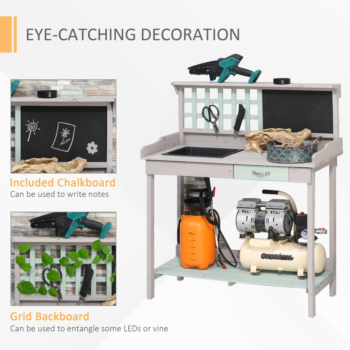 Outsunny Outdoor Wooden Potting Table with Sink, Blackboard & Drawer – Fir Wood Garden Workstation