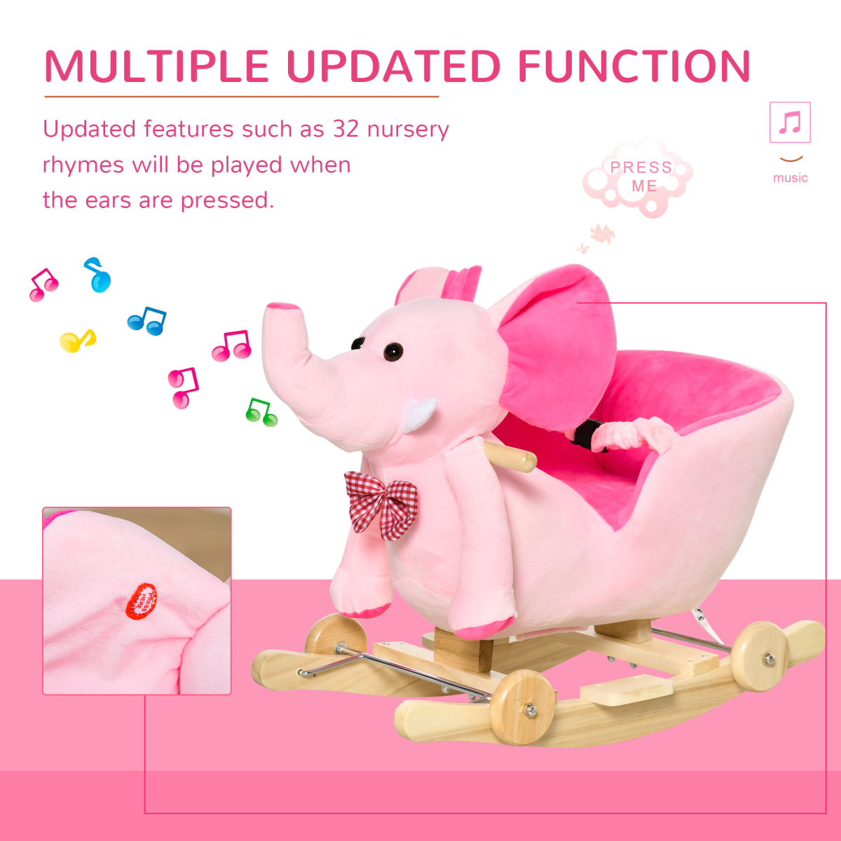 HOMCOM 2-in-1 Baby Rocking Elephant Ride-On with Wheels and 32 Nursery Rhymes – Toddler Rocker, Pink