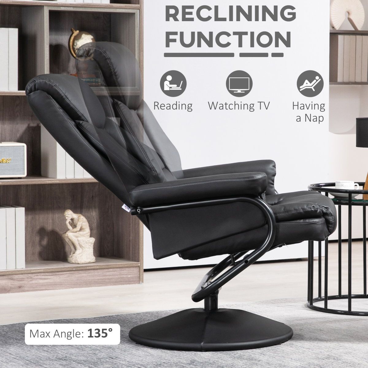 Swivel Recliner Chair with Footstool, 135° Manual Recline & Thick Foam Padding – PU Leather Armchair, Black