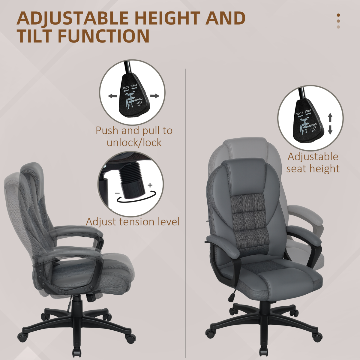 High Back Faux Leather Executive Office Chair with Tilt and Padded Armrests – Charcoal Grey