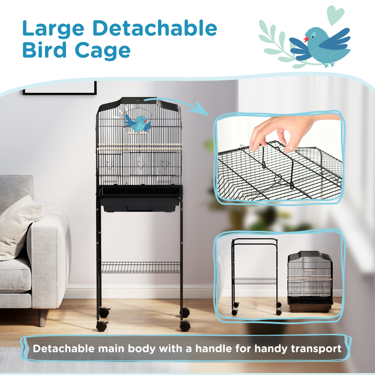 PawHut Bird Cage for Budgies, Finches, Canaries & Parakeets with Stand, Wheels & Slide-Out Tray – Black