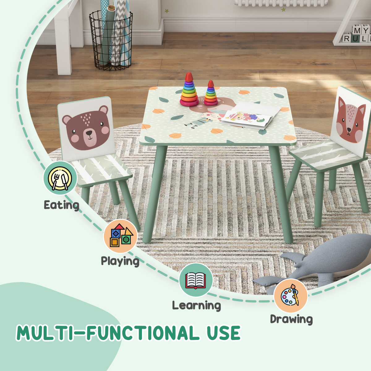 ZONEKIZ Kids Table and 2 Chairs Set with Rounded Edges – Children's Desk for Arts, Crafts & Homework, Green