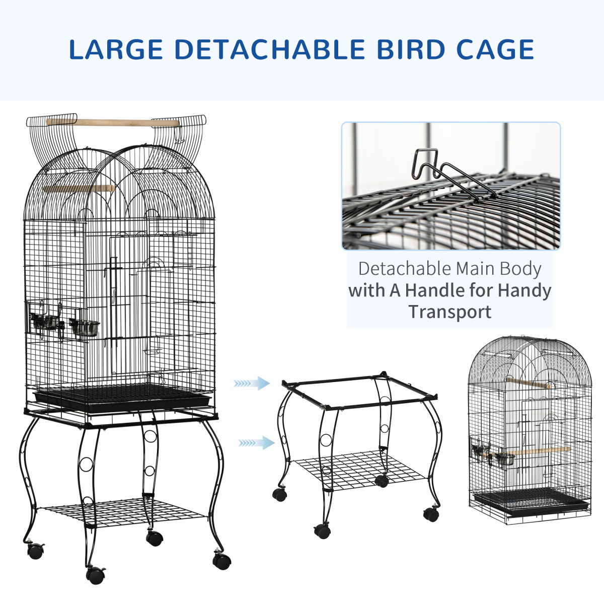 PawHut Large Bird Cage with Stand, Perch and Feeding Bowl – Metal Aviary for Parrots, Macaws and Cockatiels, Black