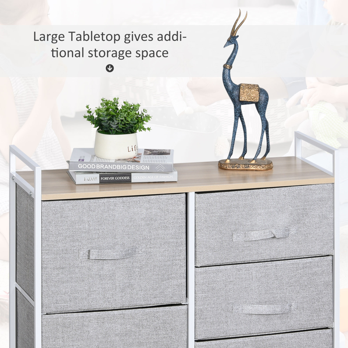HOMCOM 5 Drawer Fabric Storage Unit with Metal Frame, Wood Top and Adjustable Feet – Bedroom Linen Chest