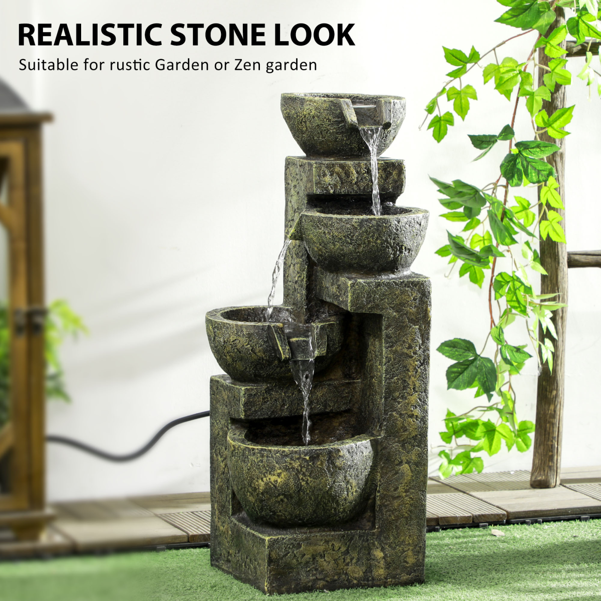 Outsunny 4-Tier Stone-Look Garden Water Fountain with Pump & Adjustable Flow – Cascading Resin Water Feature