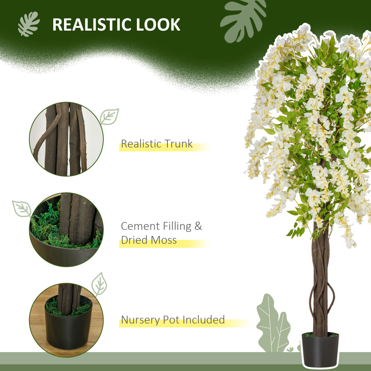HOMCOM Artificial Realistic White Wisteria Tree Faux Decorative Plant, 160cm