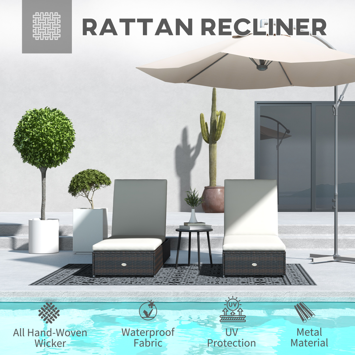 Outsunny Rattan Sun Loungers Set of 2 with 5-Position Backrest & Padded Seats – Garden Recliners, Brown