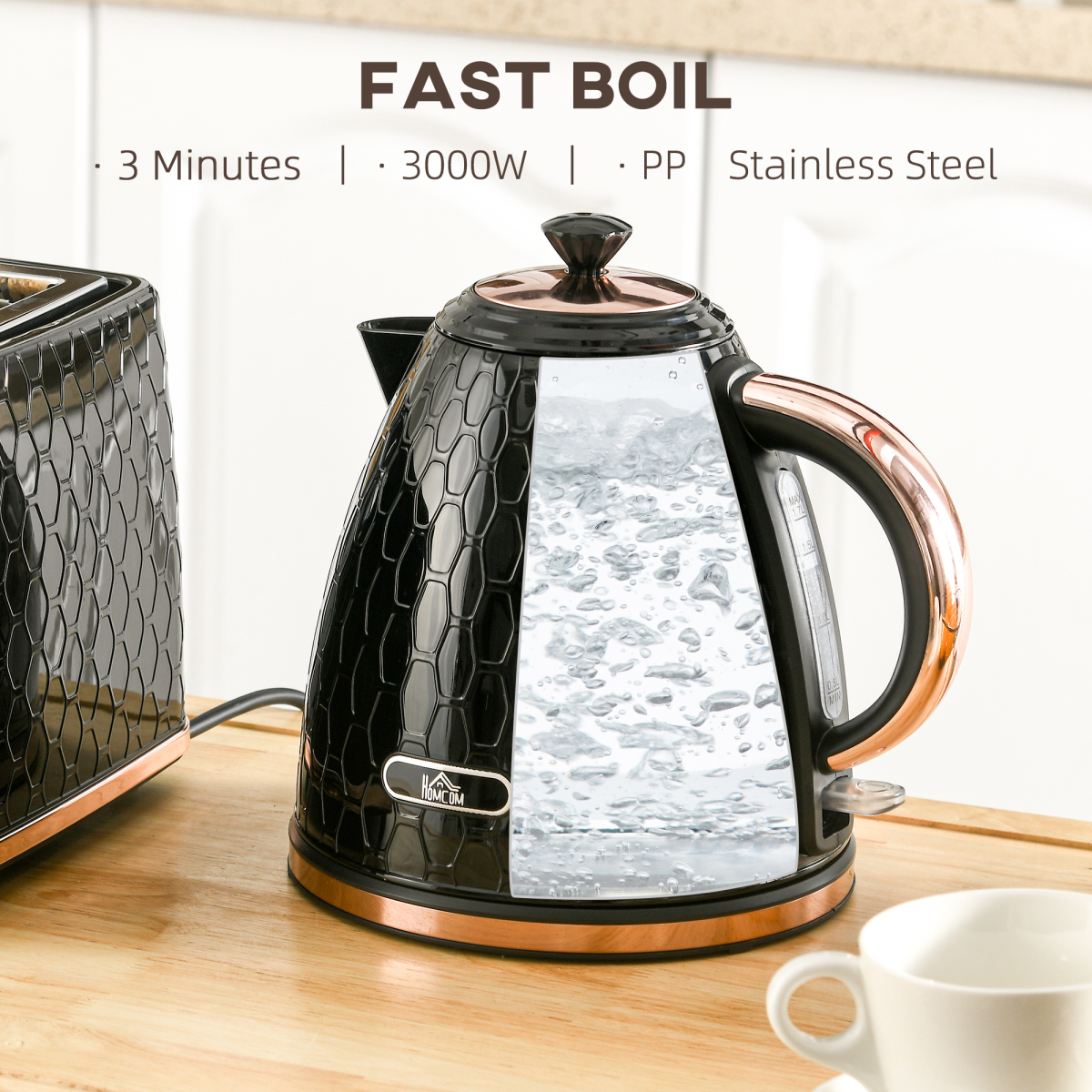 HOMCOM 1.7L 3kW Fast Boil Electric Kettle with 360° Swivel Base & Auto Shut-Off – Black