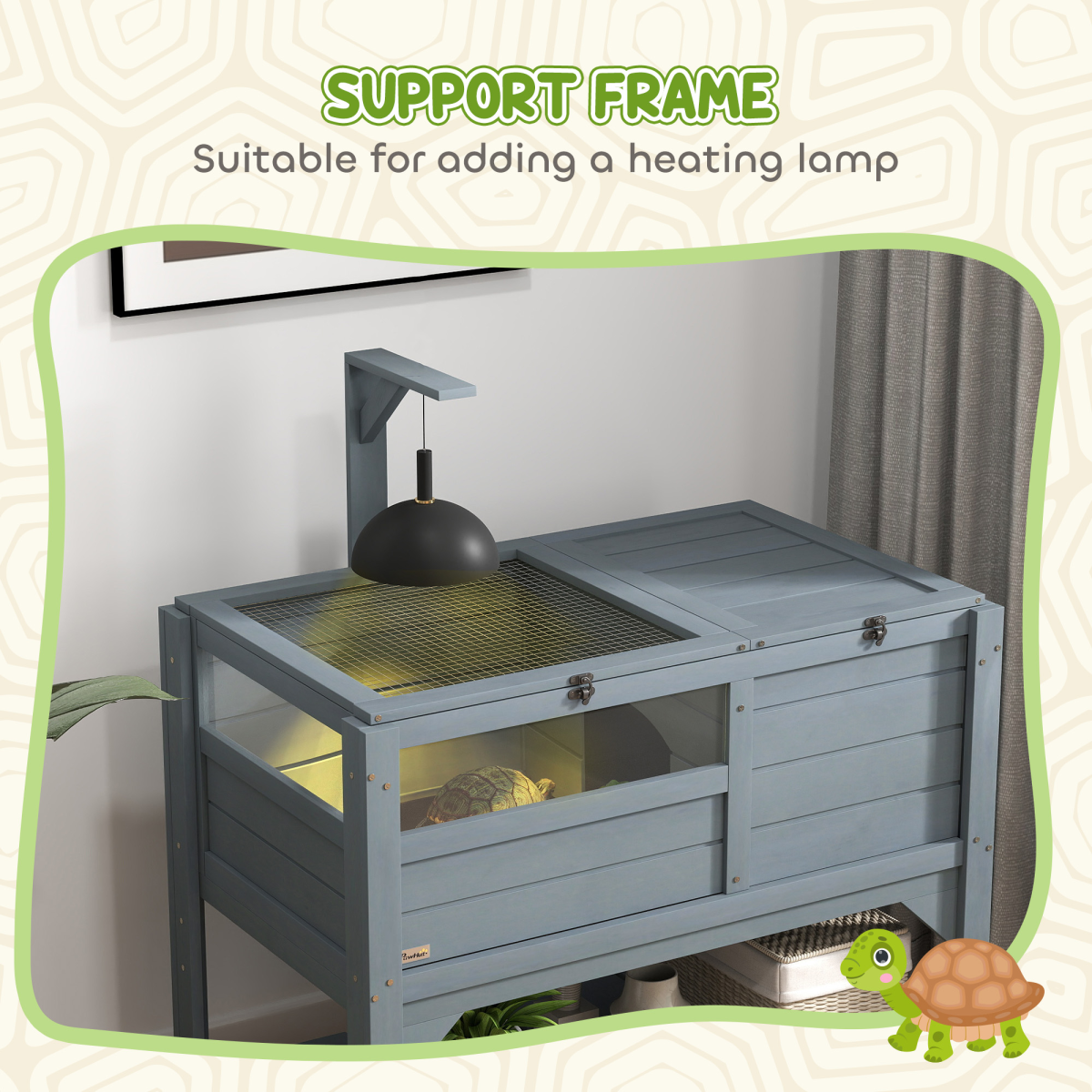 PawHut Wooden Tortoise House with Run, Shelter, Bottom Shelf & Lamp Holder – Habitat, Grey