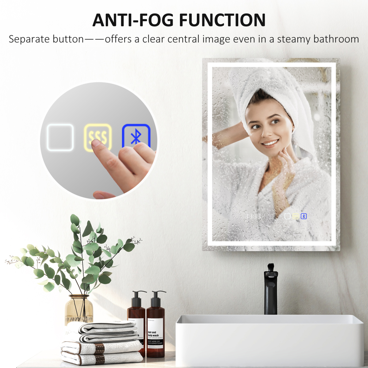 LED Bathroom Mirror with Demister Pad, Bluetooth Speaker & Digital Clock – IP44 Wall Mounted Mirror, 70 x 50cm