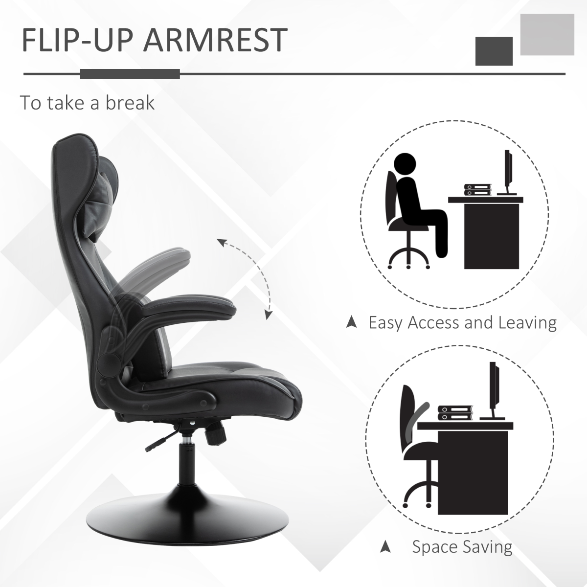 Vinsetto Faux Leather Gaming Chair with Pedestal Base, Adjustable Headrest & Lumbar Support – Black