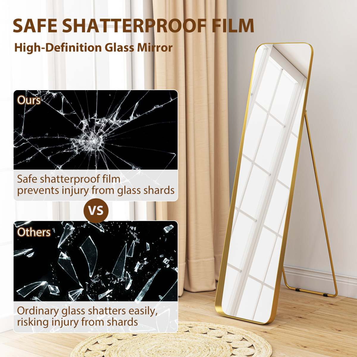 Full Length Mirror 160 x 40cm with Curved Corners – Gold Tone Metal Frame, Leaning or Wall Standing