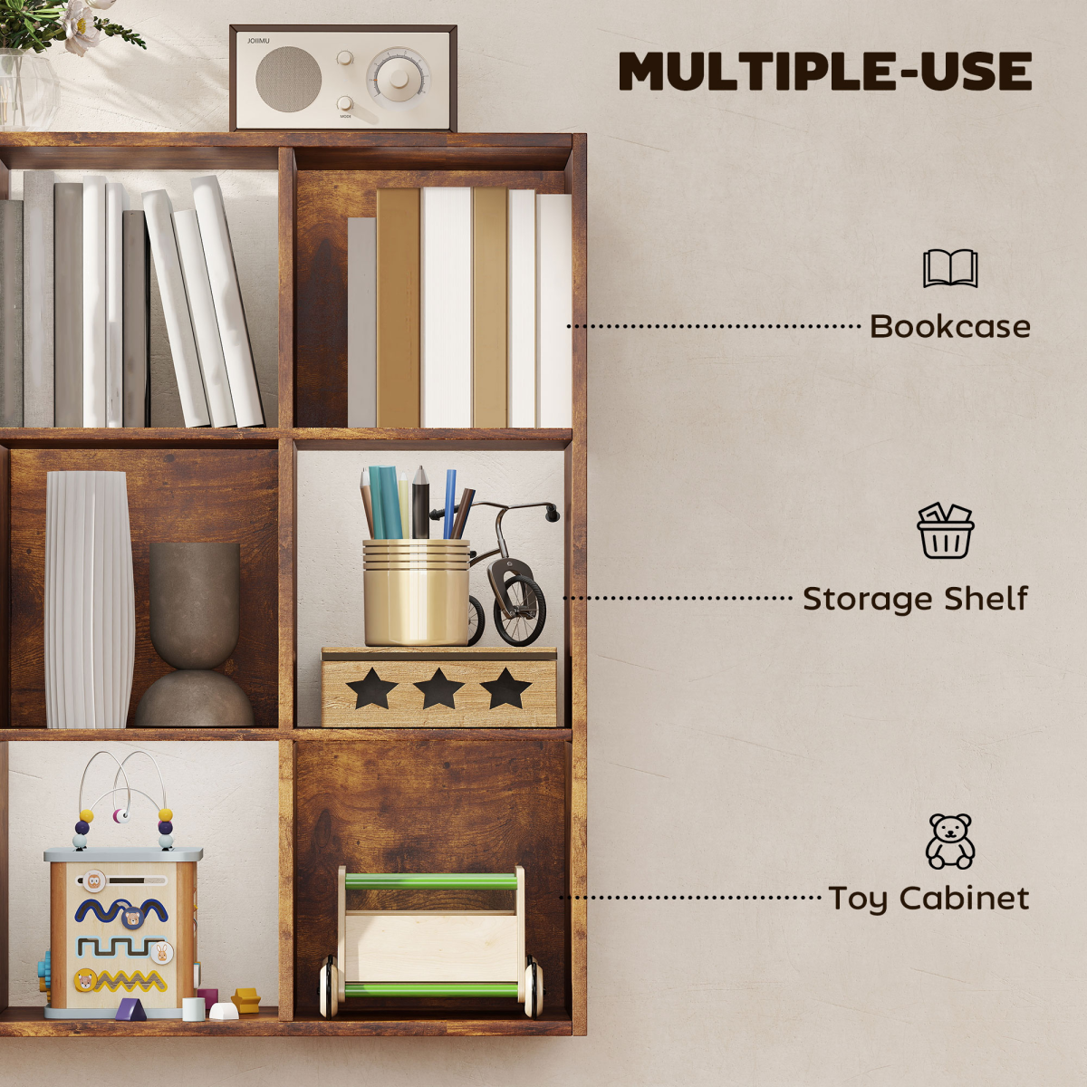9-Cube Bookcase Storage Cabinet – Cube Shelving Unit for Living Room and Office, 91.5 x 91.5cm, Rustic Brown