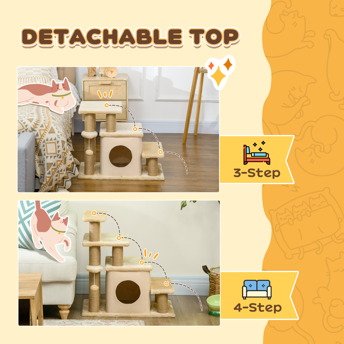 PawHut 4-Step Dog Stairs for Bed with Cat House & Detachable Cover – Pet Steps, Beige
