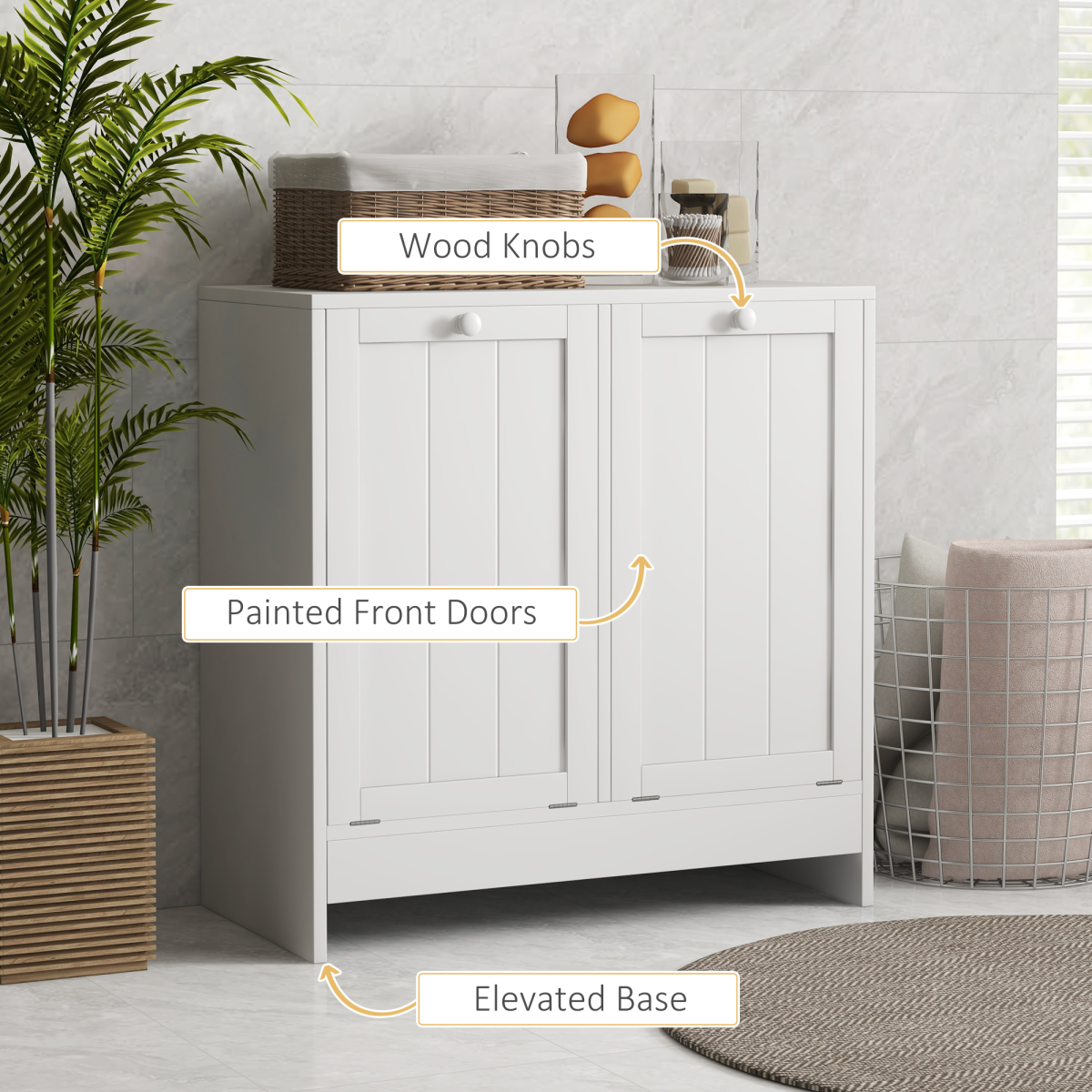 Tilt-Out Laundry Hamper Cabinet with 2 Compartments & Wood Handles – Hidden Laundry Storage, White