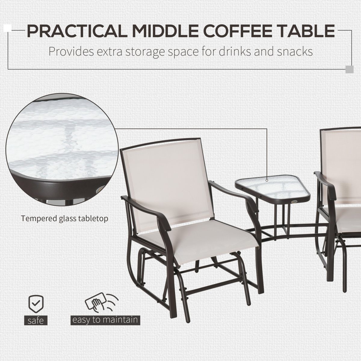 Outsunny Double Glider Rocking Loveseat with Glass Middle Table & Textilene Mesh – Garden Seating, Beige
