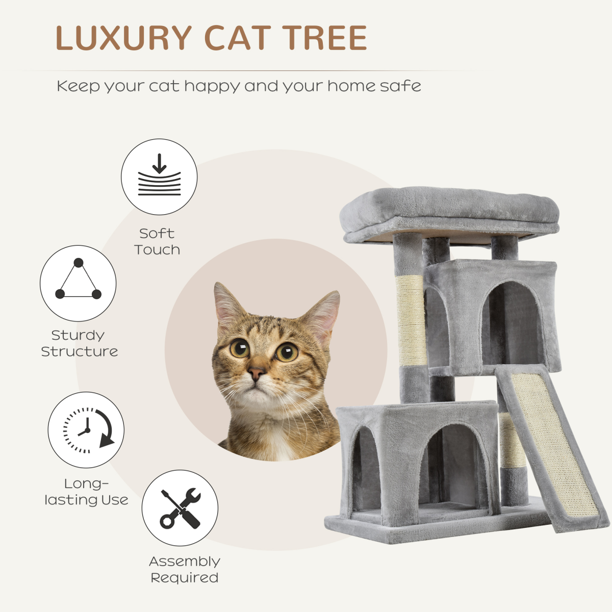 Pawhut Cat Activity Tree with 2 Houses, Sisal Scratching Posts & Cushioned Top Perch – Plush, Grey