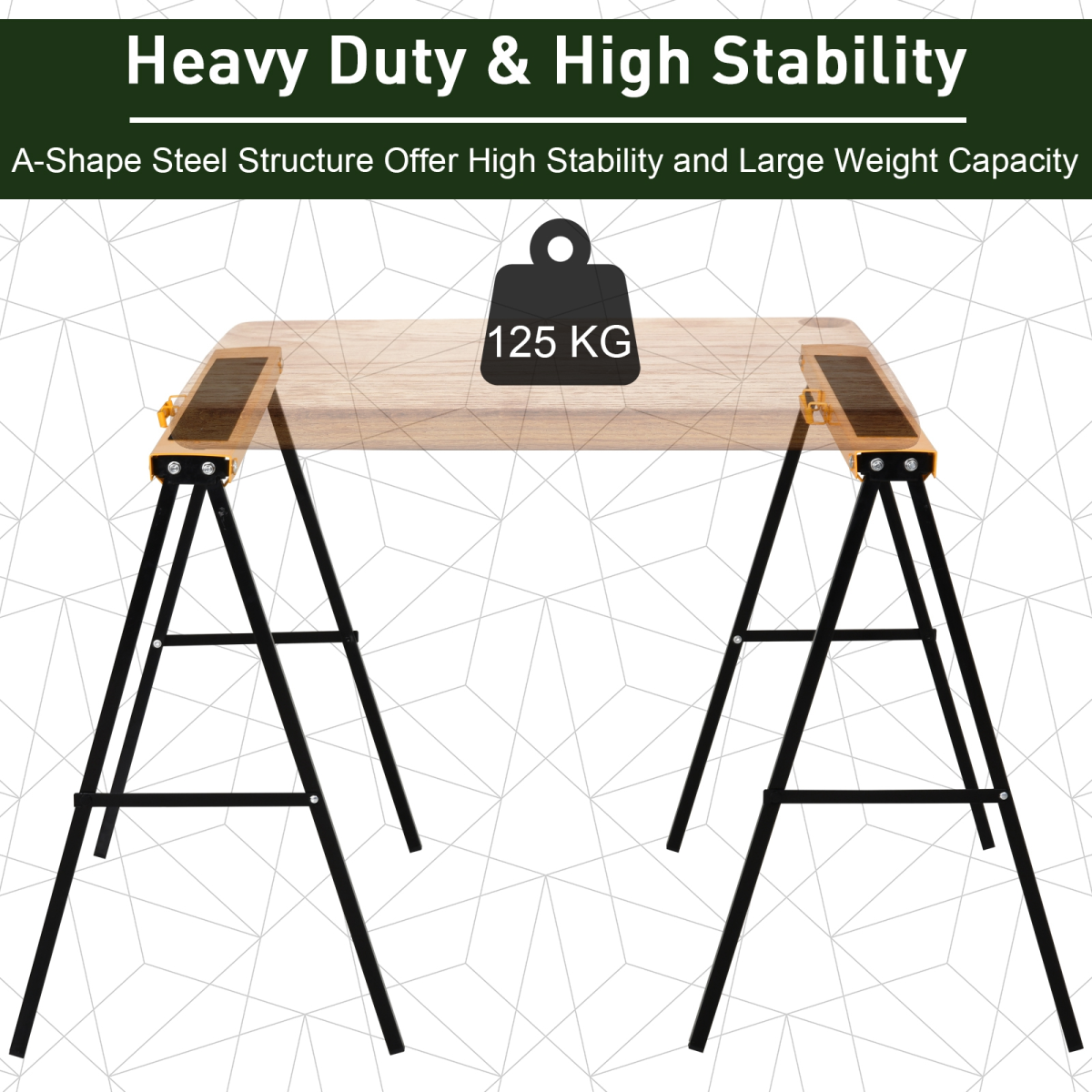 HOMCOM Steel Saw Horse Set of 2 with Non-Slip Platform – Foldable Trestles for DIY, 125kg Load, Black/Yellow
