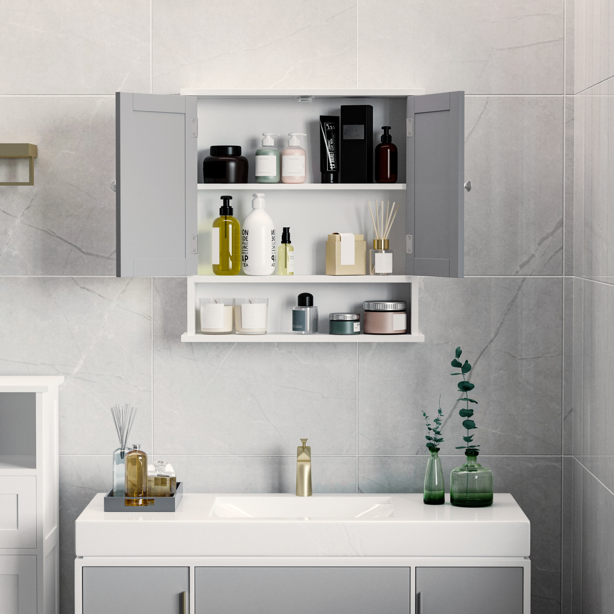 kleankin Wall-Mounted Mirror Cabinet with Double Mirrored Doors and Open Shelf – Bathroom Storage, Grey