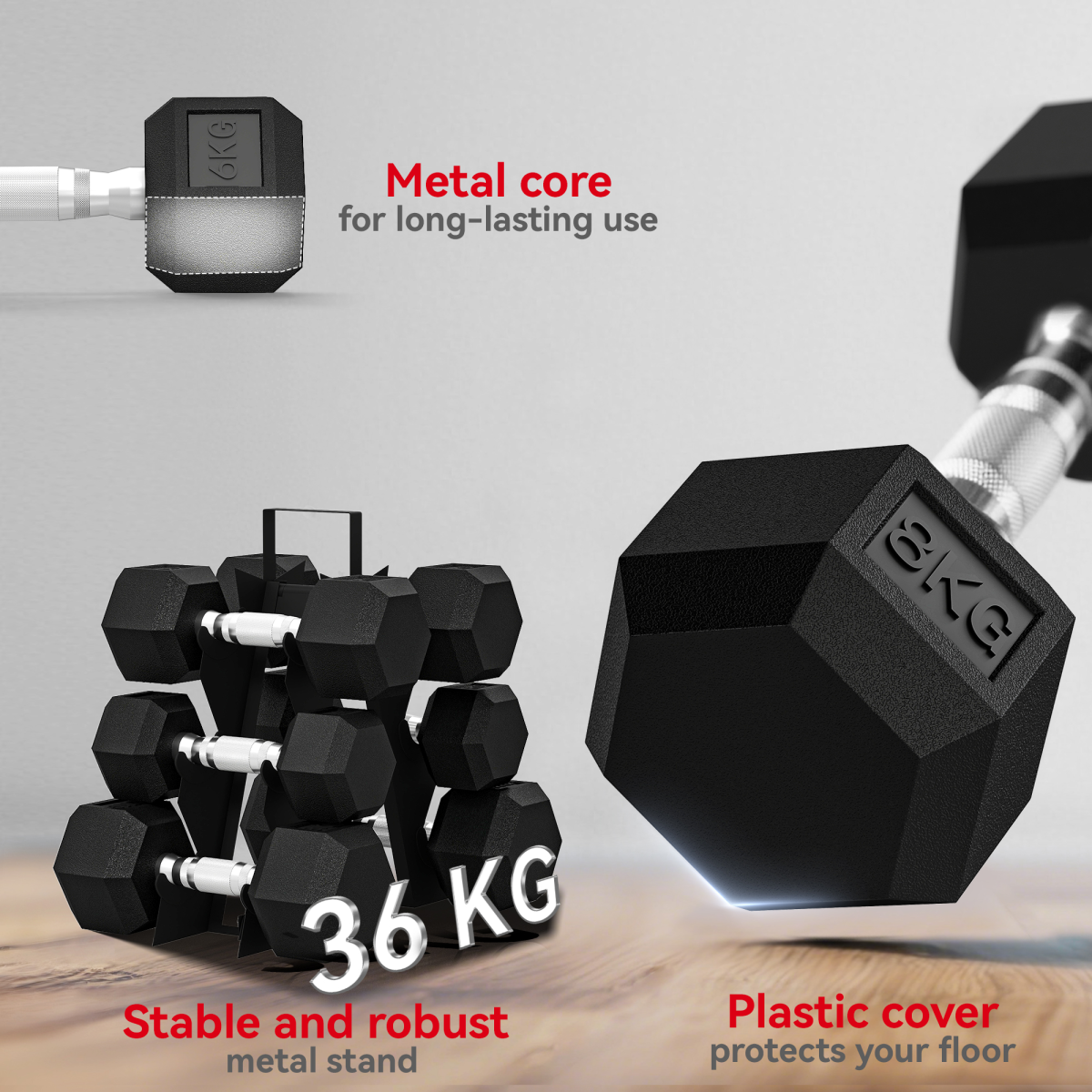 Dumbbell Set with Storage Rack, 36kg Total (2 x 4kg, 2 x 6kg, 2 x 8kg) – Rubber-Coated Cast Iron Weights, Black
