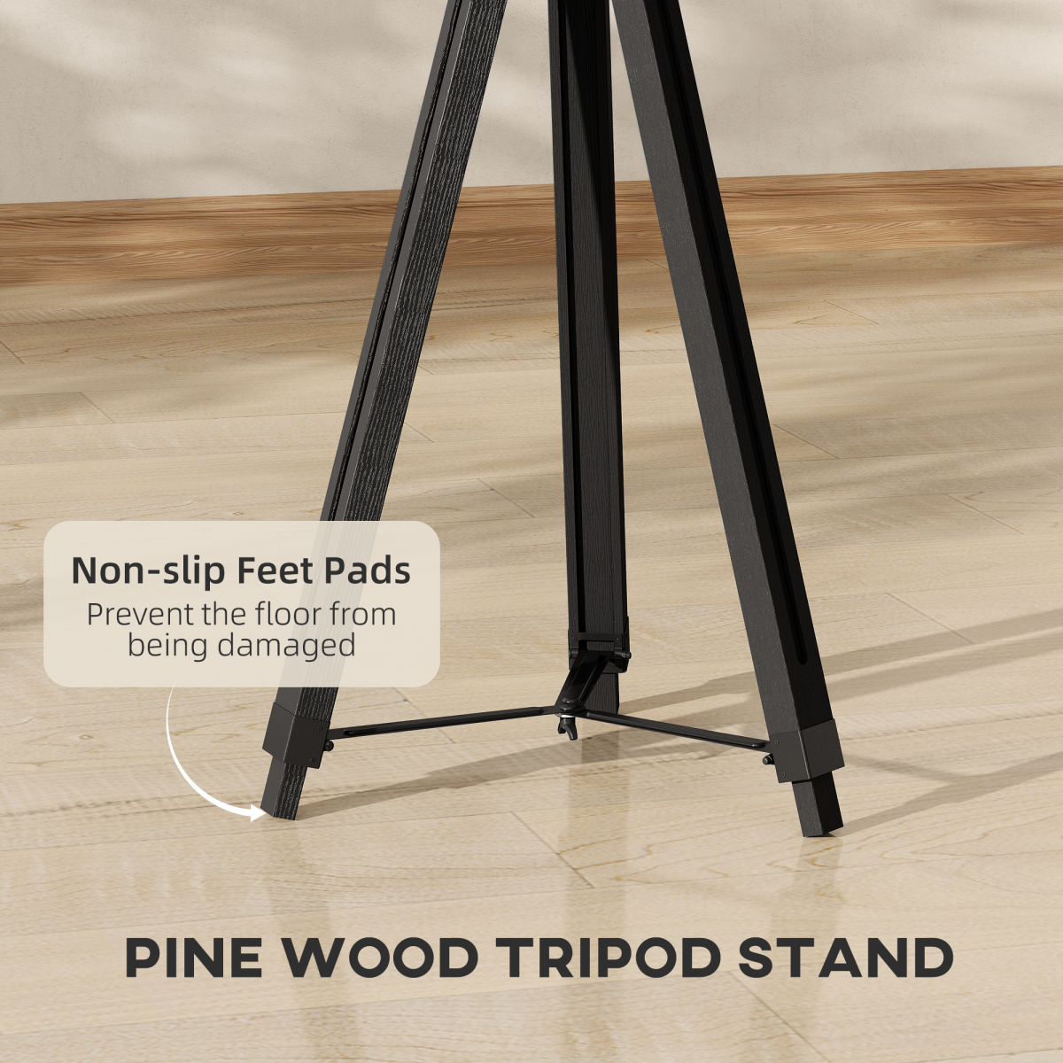 HOMCOM Industrial Wooden Tripod Spotlight Floor Lamp with Adjustable Height & Head – Living Room, Black