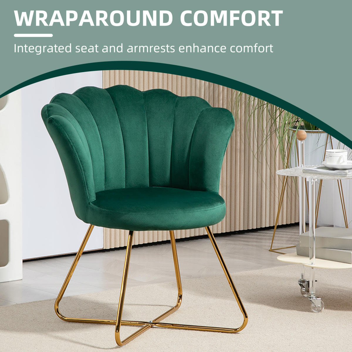 HOMCOM Velvet Lotus-Back Accent Chair with Steel Legs & Sponge Padding – Living Room & Bedroom Seating, Green